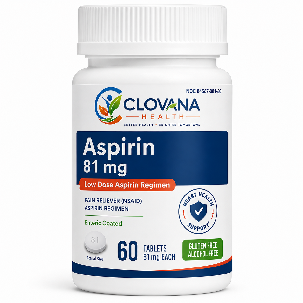 Clovana Health Aspirin Low Dose Aspirin 81 mg (NSAID) · 60 enteric-coated tablets